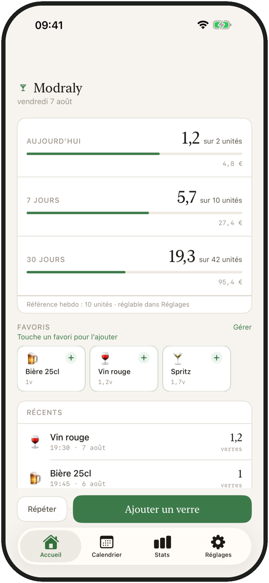 Écran d'accueil Modraly : verres du jour, favoris et verres récents sur iPhone