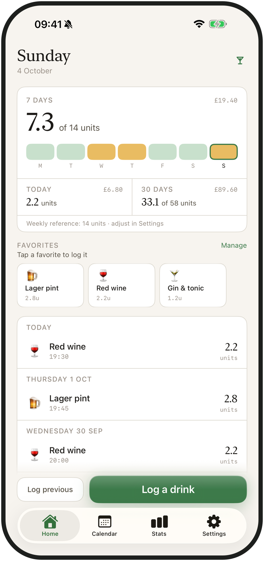 Modraly home screen: the last seven days against the weekly reference, favourites, and recent drinks on iPhone