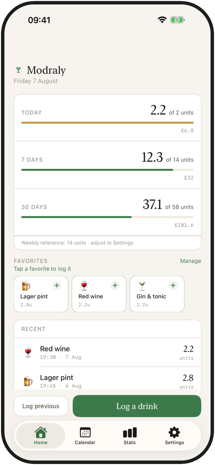 Modraly home screen: daily units, favourites, and recent drinks on iPhone