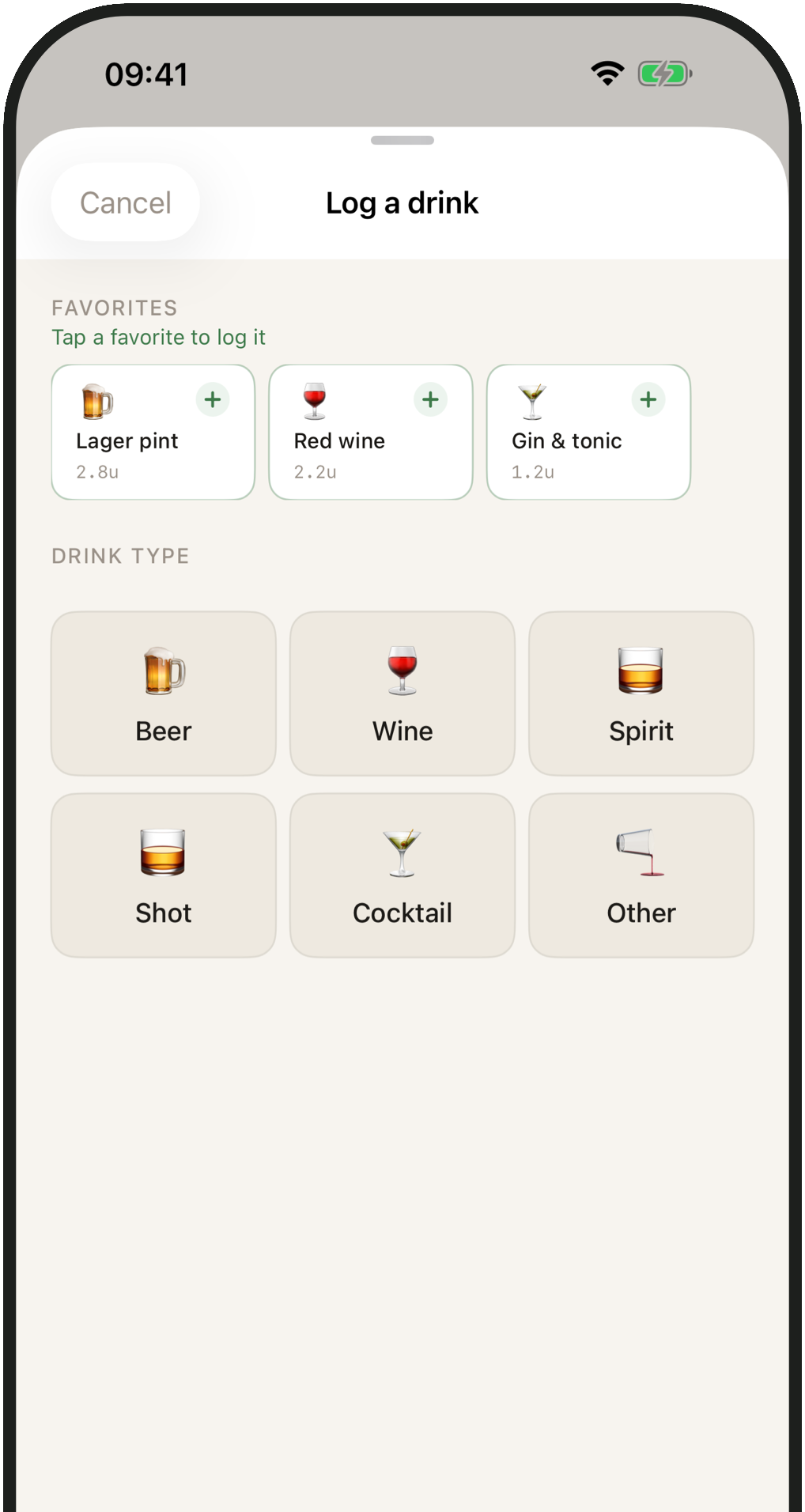 Log a drink screen with favourites and drink types