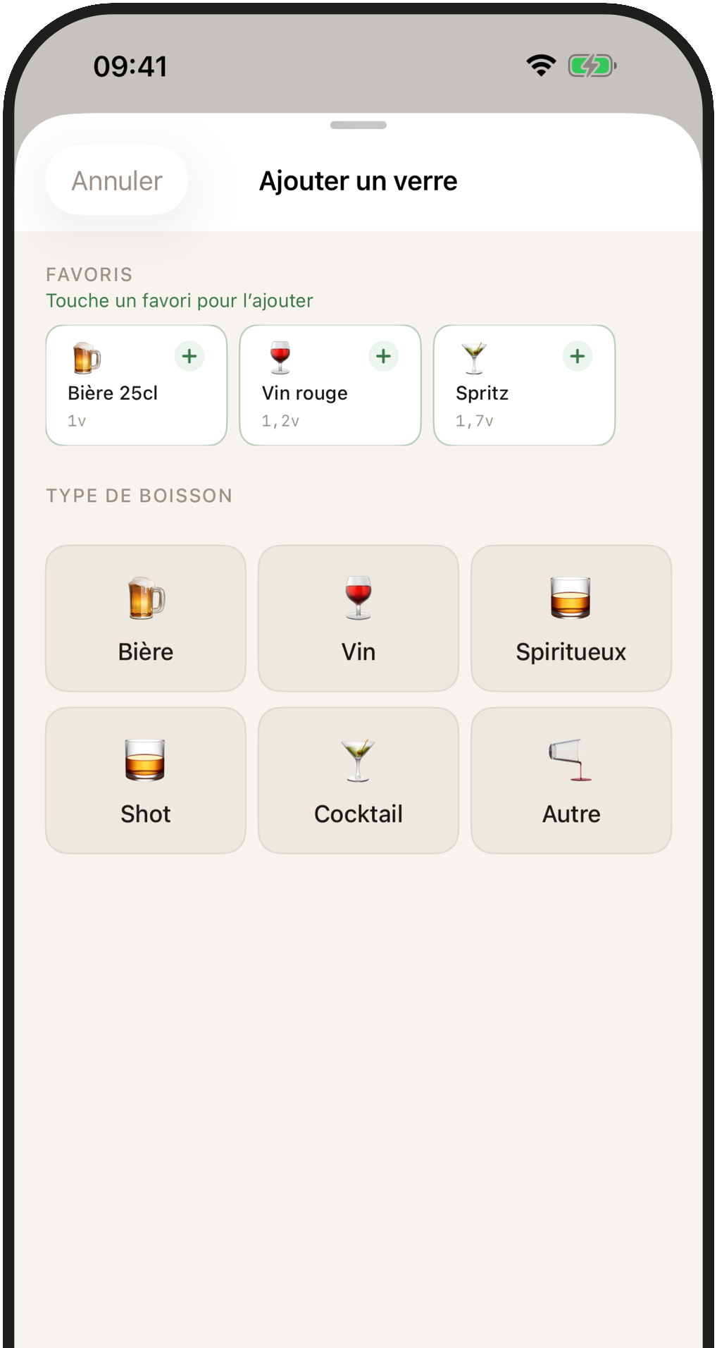 Écran d'enregistrement d'un verre avec favoris et types de boissons