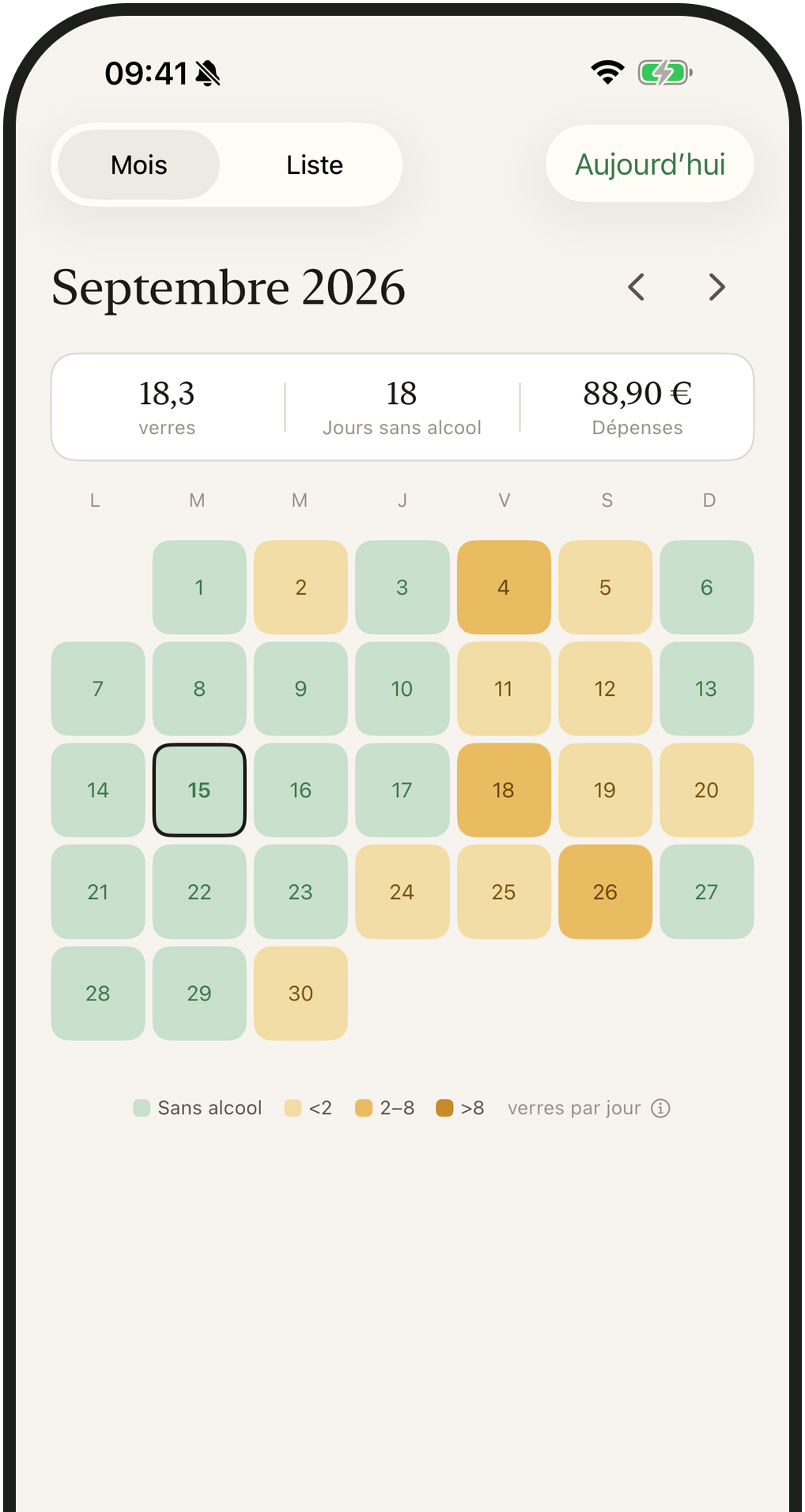 Vue calendrier mensuelle : journées sans alcool en vert, jours avec alcool en ambre