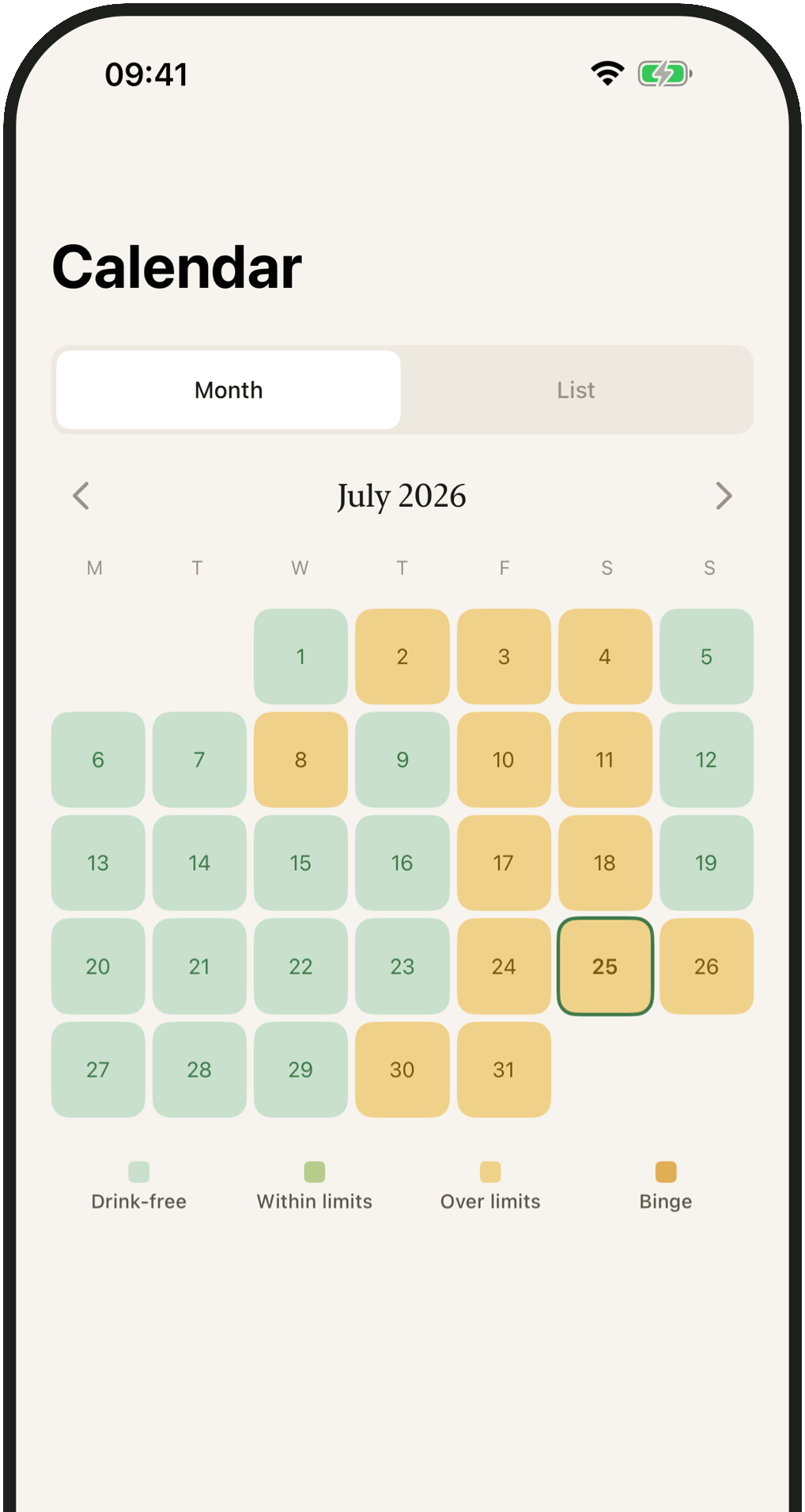 Calendar month view with drink-free and over-limit days