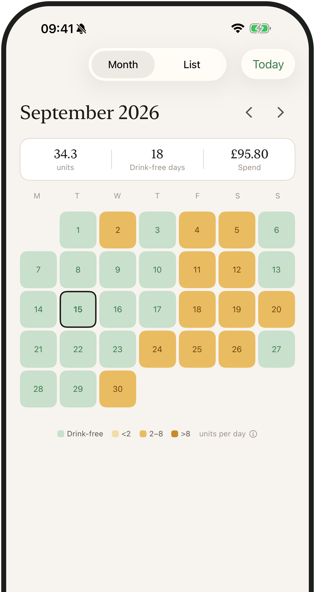 Calendar month view: drink-free days in green, drinking days in amber