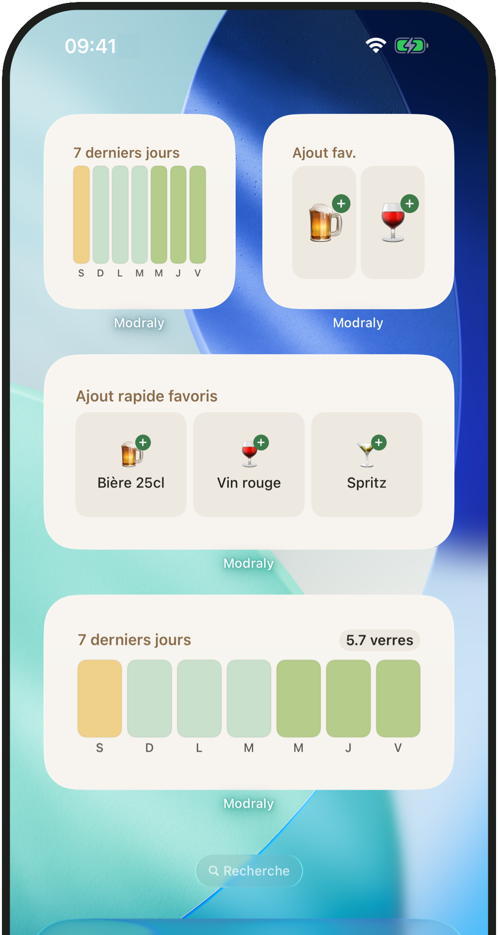 Widgets Modraly sur l'écran d'accueil : sept derniers jours et favoris en un geste
